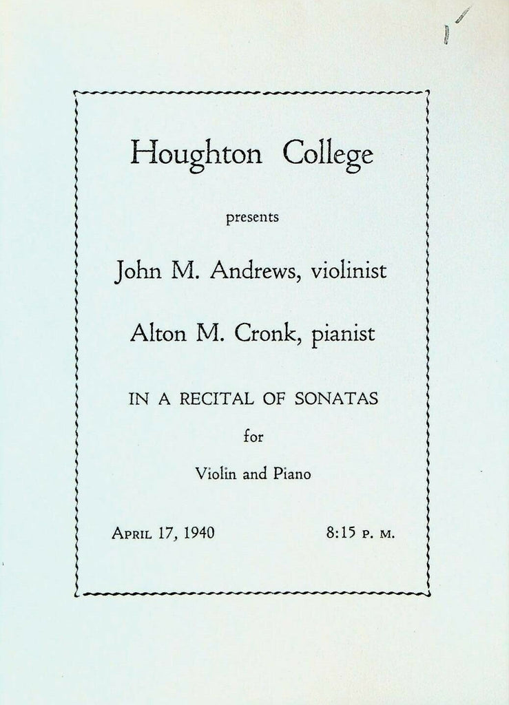 John Andrews Violinist Alton Cronk Pianist Program April 17 1940 Houghton NY