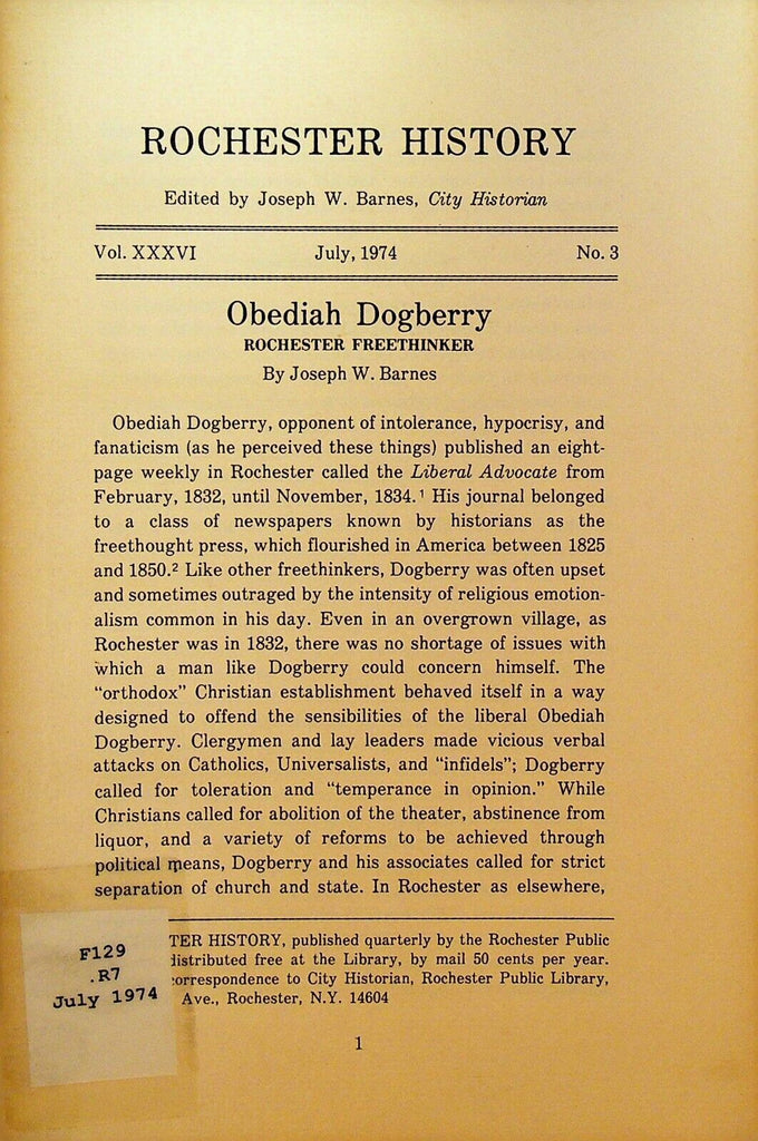 Rochester NY History Magazine July 1974 Obediah Dogberry Freethinker