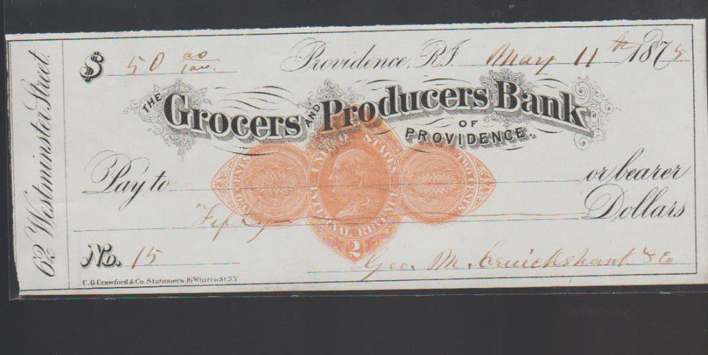 Grocers & Producers Bank Providence Rhode Island Used Check 1875 Black