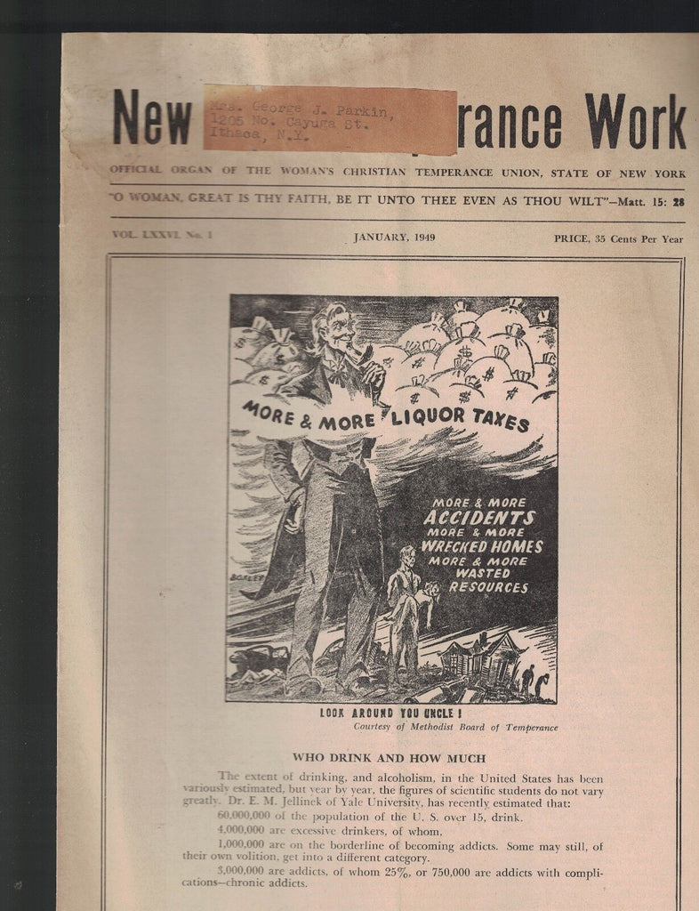 New Temperance Work Magazine January 1949 More Liquor Taxes Prohibition