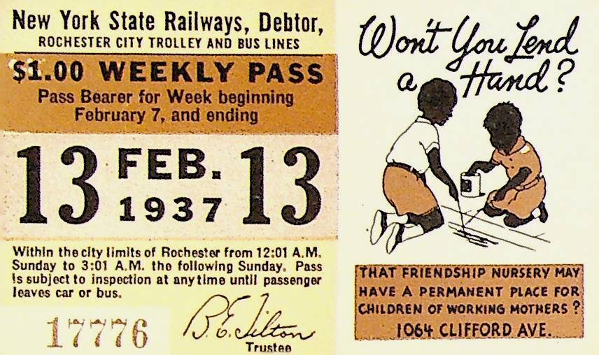 Rochester City Trolley & Bus Lines Pass February 13 1937 Friendship Nursery