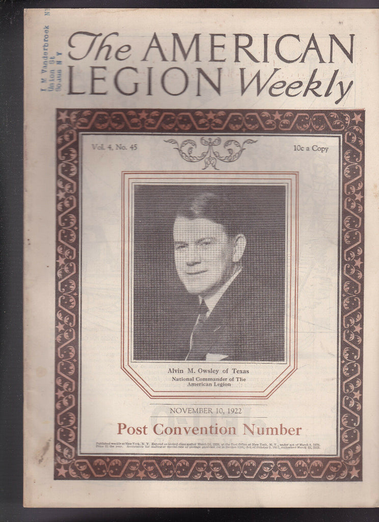 American Legion Magazine Alvin M Owsley Cover November 10 1922