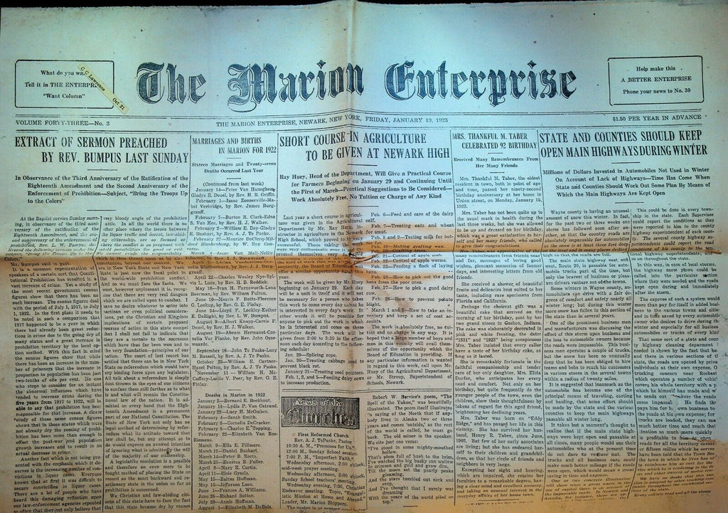 Marion NY Enterprise Newspaper January 19 1923 Local News High School Basketball