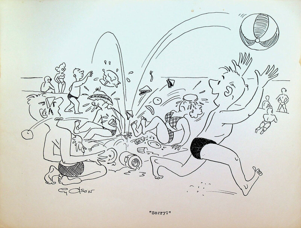Beach Picnic Playing Ball Bathing Suits 1960s Cy Olson Original Art