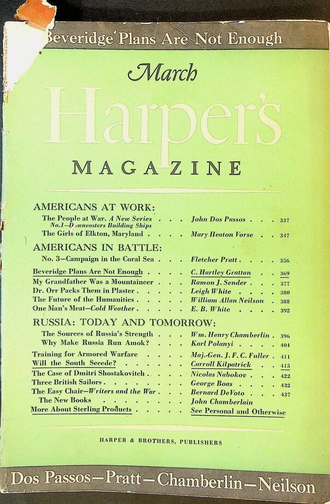 Harper's Magazine March 1943 WWII John Dos Passos Elkton Md Russia