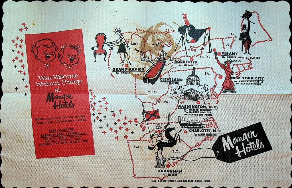 Manger Hotels Paper Placemat 1960s Rochester NYC Cleveland Grand Rapids DC