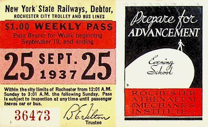 Rochester City Trolley & Bus Lines Pass September 25 1937 Athenaeum School