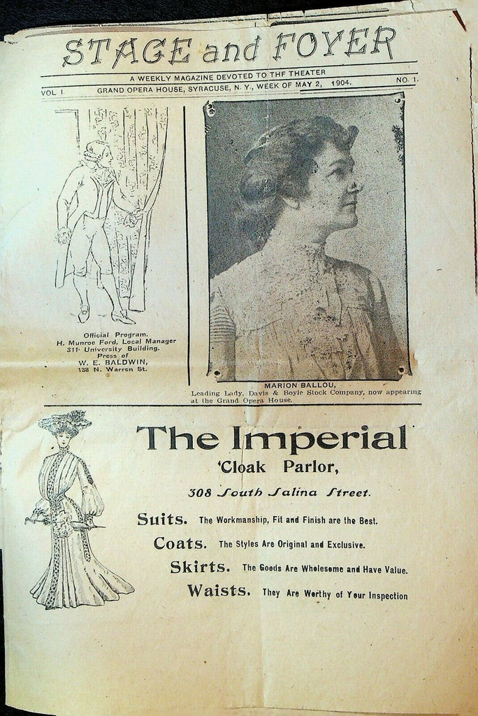 Stage & Foyer May 2 1904 Grand Opera House Syracuse NY Marion Ballou Edna May