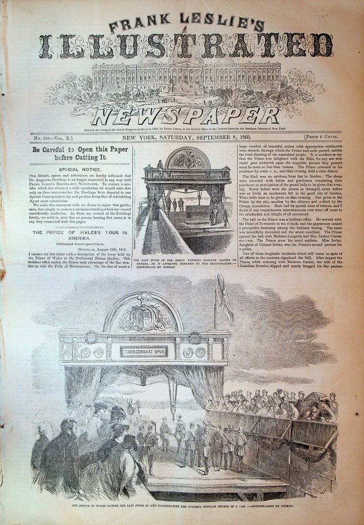 Frank Leslie's Illustrated Newspaper September 8 1860 Prince of Wales in Canada