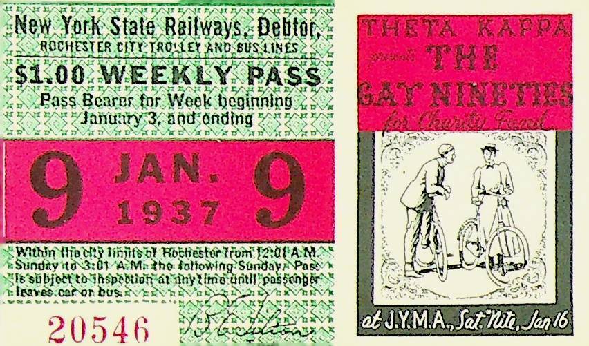 Rochester City Trolley & Bus Lines Pass January 9 1937 Theta Kappa Gay Nineties