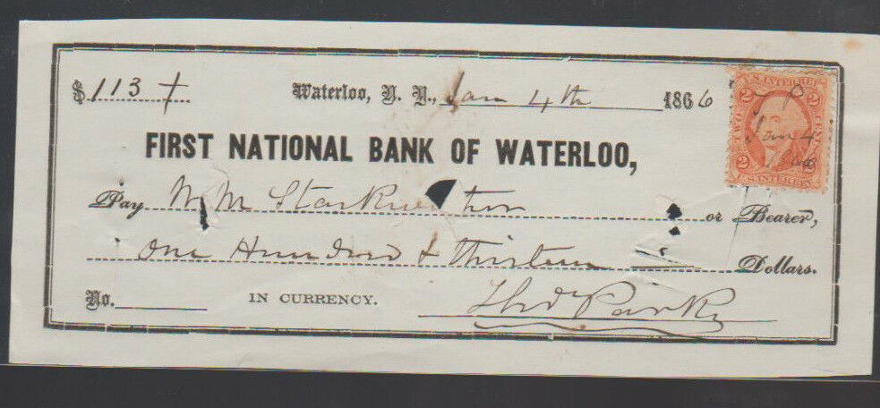 First National Bank of Waterloo NY  Used Check January 1866 w Revenue Stamp