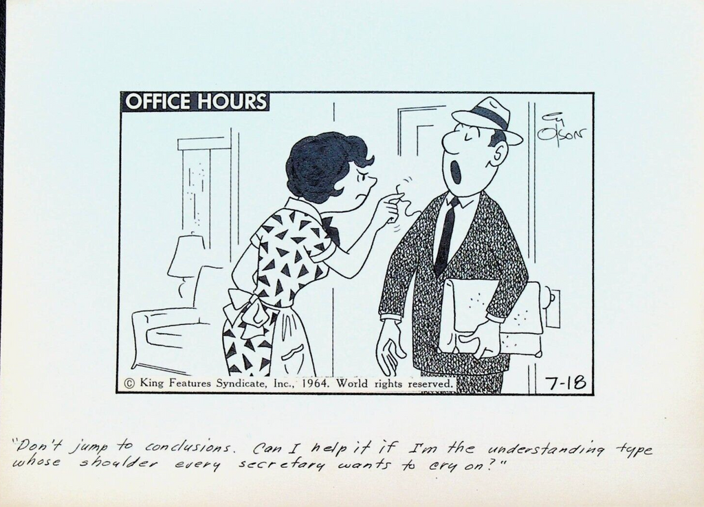 Office Hours by Cy Olson Original Comic Strip Art July 18 1964 Wife Secretary