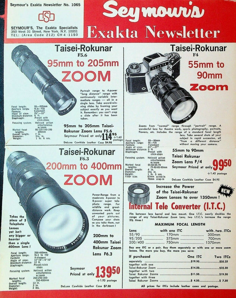 Seymour's Exakta Newsletter 1065 1965 Camera Lens