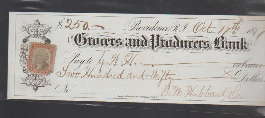 Grocers & Producers Bank Providence Rhode Island Used Check 1877 w Revenue Stamp