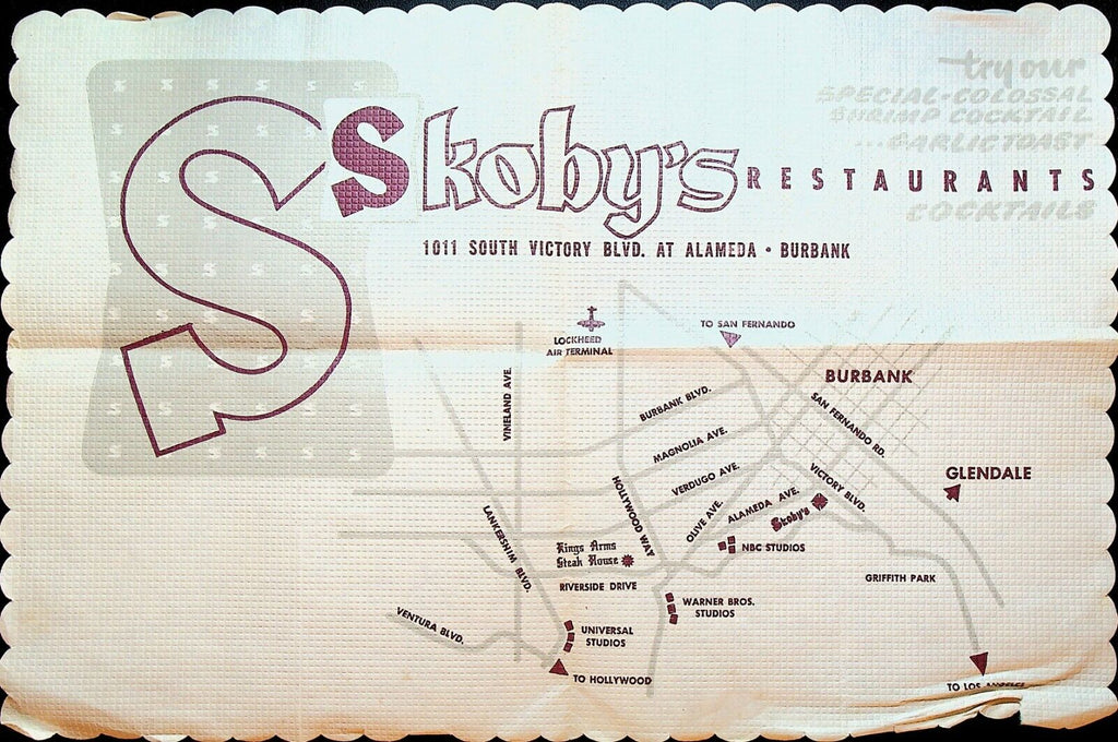 Skoby's Restaurant Paper Placemat Alameda Burbank California 1960s