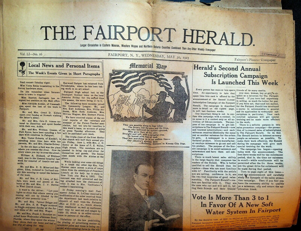Fairport NY Herald Newspaper May 30 1923 Local Ads & News Memorial Day