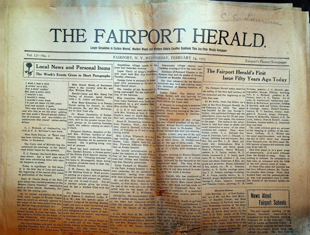 Fairport NY Herald Newspaper February 14 1923 Local Ads & News