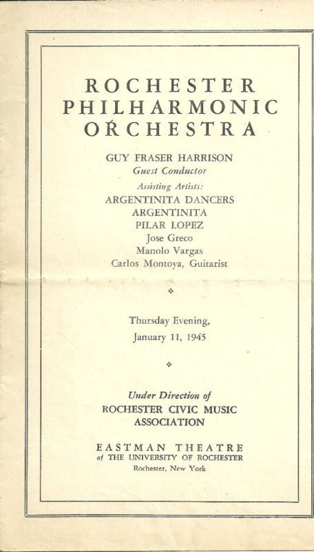 Rochester Philharmonic Orchestra 1945 program Argentinita Dancers Pilar Lopez
