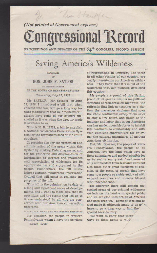 Congressional Record July 12 1956 Saving America's Wilderness John Saylor