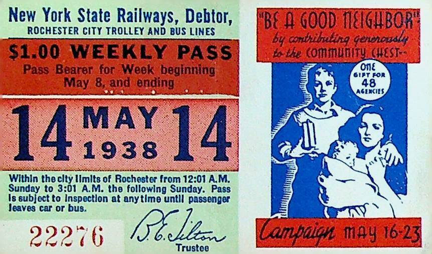 Rochester City Trolley & Bus Lines Pass May 14 1938 Community Chest