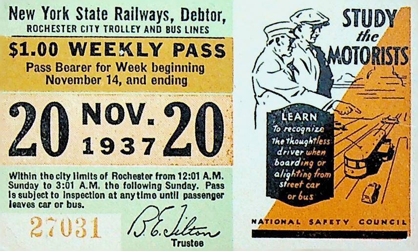 Rochester City Trolley & Bus Lines Pass November 20 1937 National Safety Council