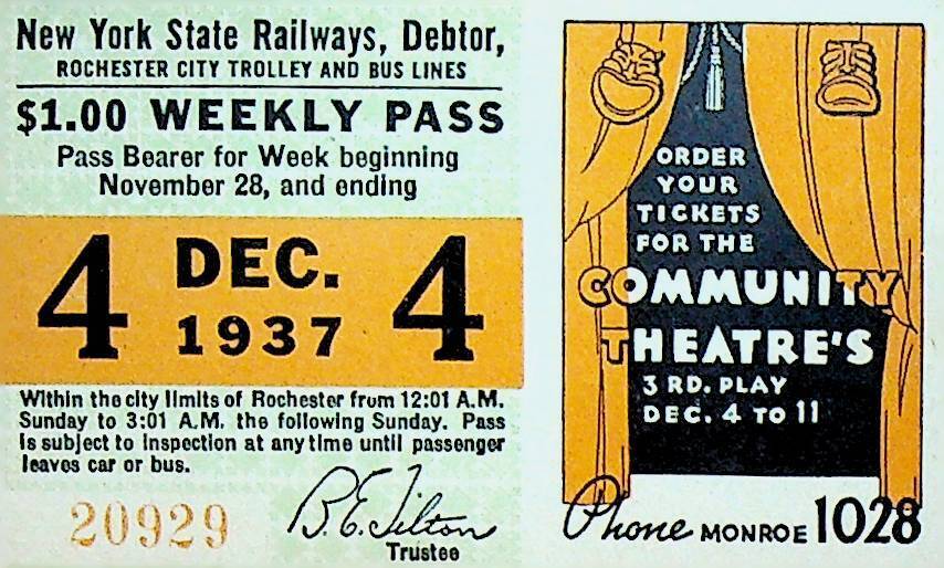 Rochester City Trolley & Bus Lines Pass December 4 1937 Community Theatre