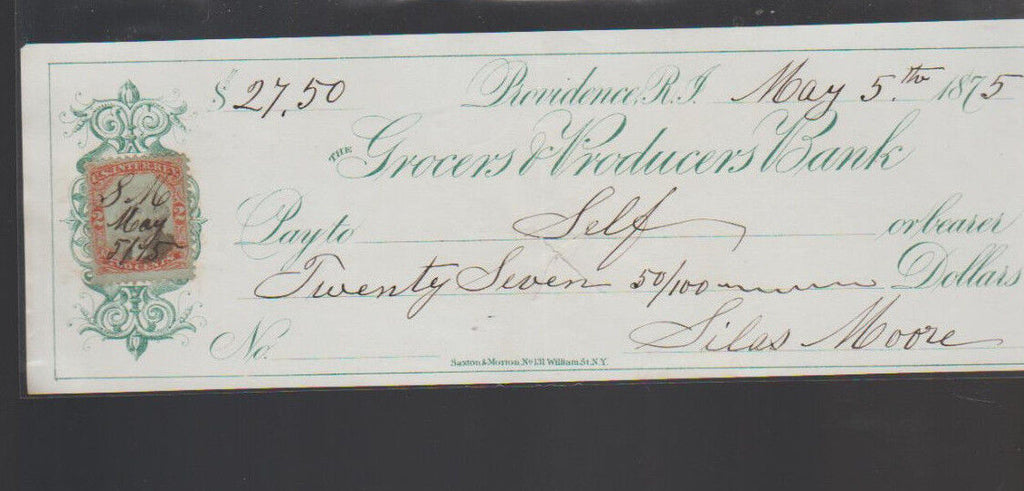 Grocers & Producers Bank Providence Rhode Island Used Check 1875 w Revenue Stamp