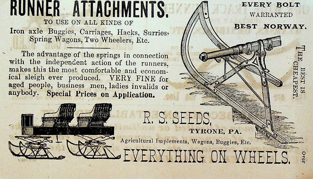 RS Seeds 1880s Ad Sheet Sled Track Runner Tyrone Pennsylvania