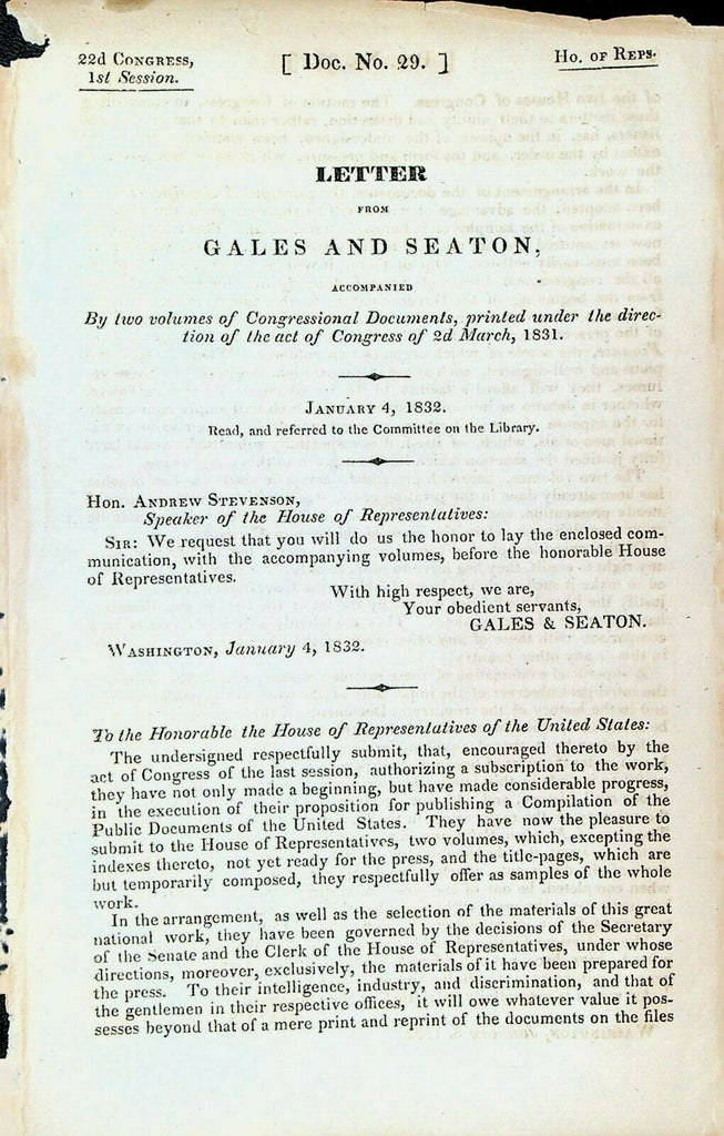 Letter from Gales & Seaton January 4 1832 Congressional Documents Publication