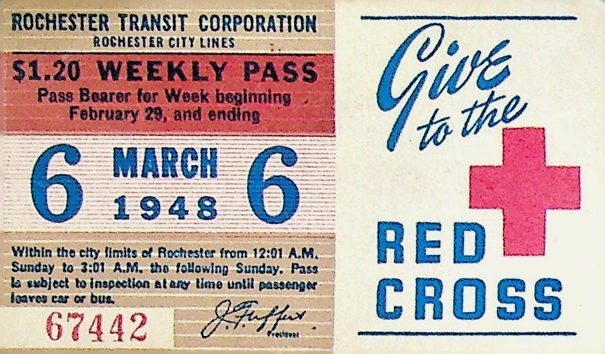 Rochester City Trolley & Bus Lines Pass March 6 1948 Red Cross