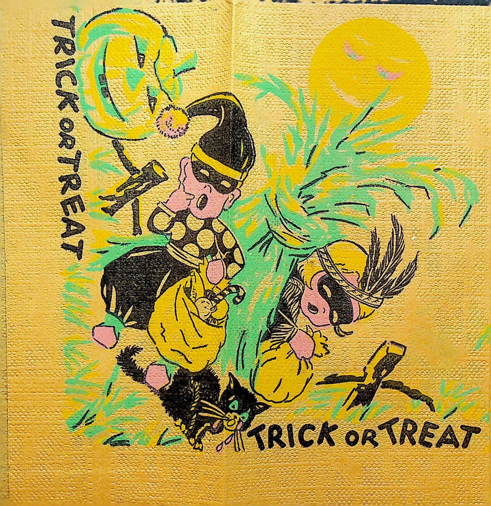 Trick or Treat Vintage Halloween Napkin Black Cat Jack O'Lantern