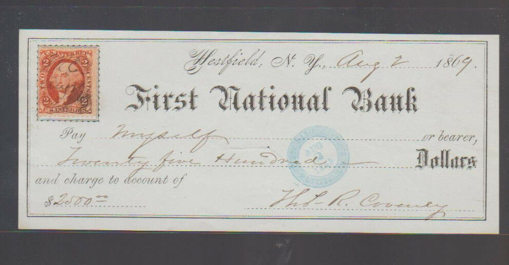 First National Bank Westfield NY  Used Bank Check 1869 w Revenue Stamp