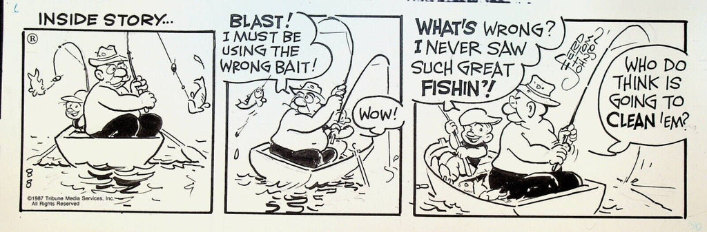 Moon Mullins Original Comic Strip Art Ferd & Tom Johnson August 8 1987 Fishing