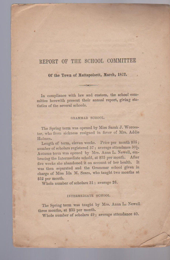 Report of the School Committee March 1873 Town of Mattapoisett Massachusetts