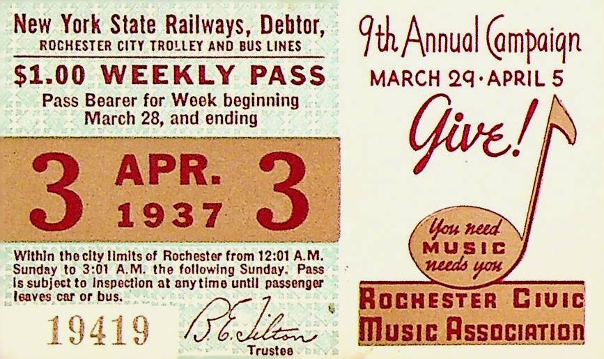 Rochester City Trolley & Bus Lines Pass April 3 1937 Civic Music Association