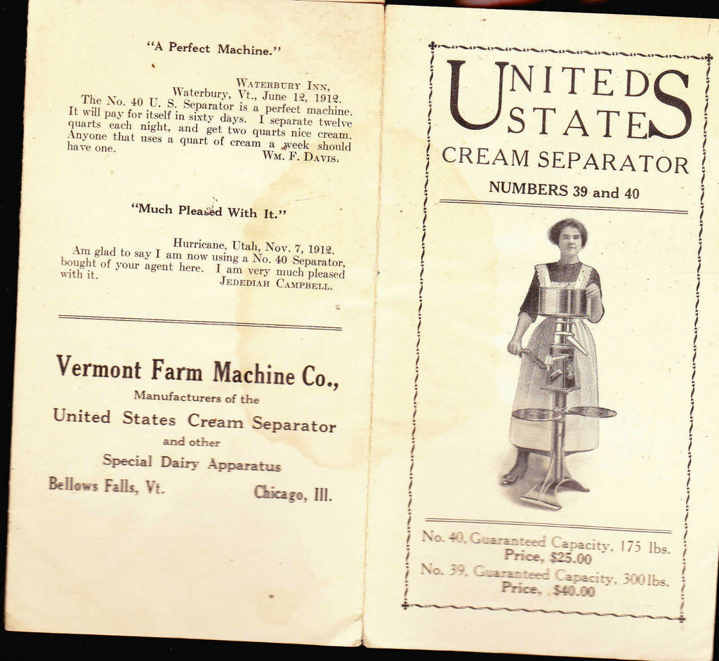 United States Cream Separator #s 39 40 1912 Vermont Farm Machine Co brochure