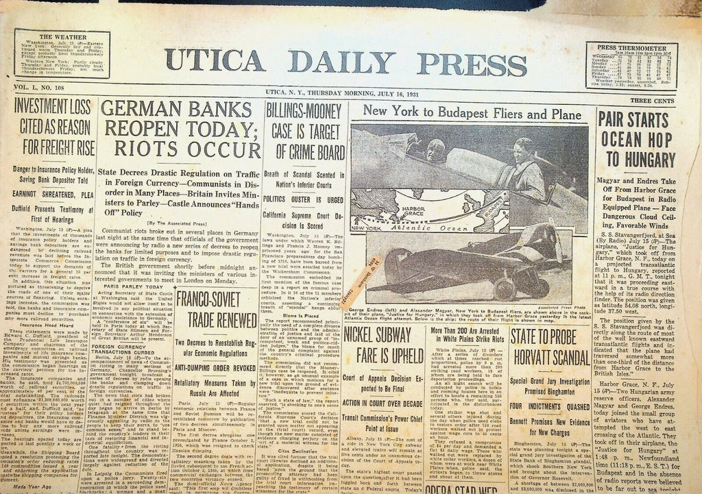 Utica Daily Press July 16 1931 Legs Diamond German Communist Riots George Endres