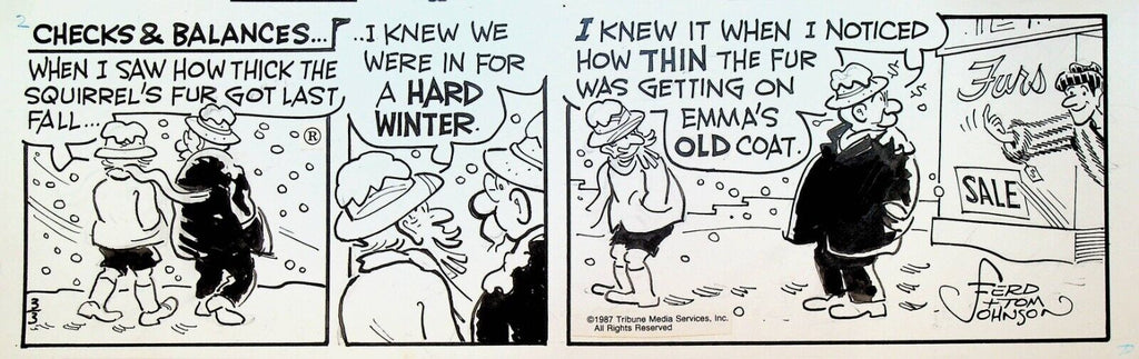 Moon Mullins Original Comic Strip Art Ferd & Tom Johnson March 3 1987 Fur Coat
