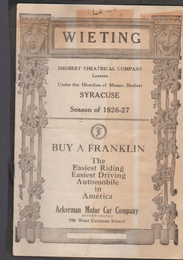 Young Woodley Glenn Hunter March 1927 Program Wieting Theater Syracuse NY