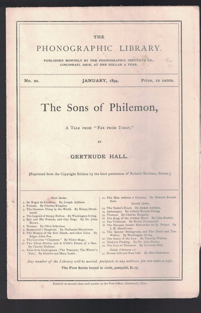 The Sons of Philemon Gertrude Hall Phonographic Library Shorthand 1894