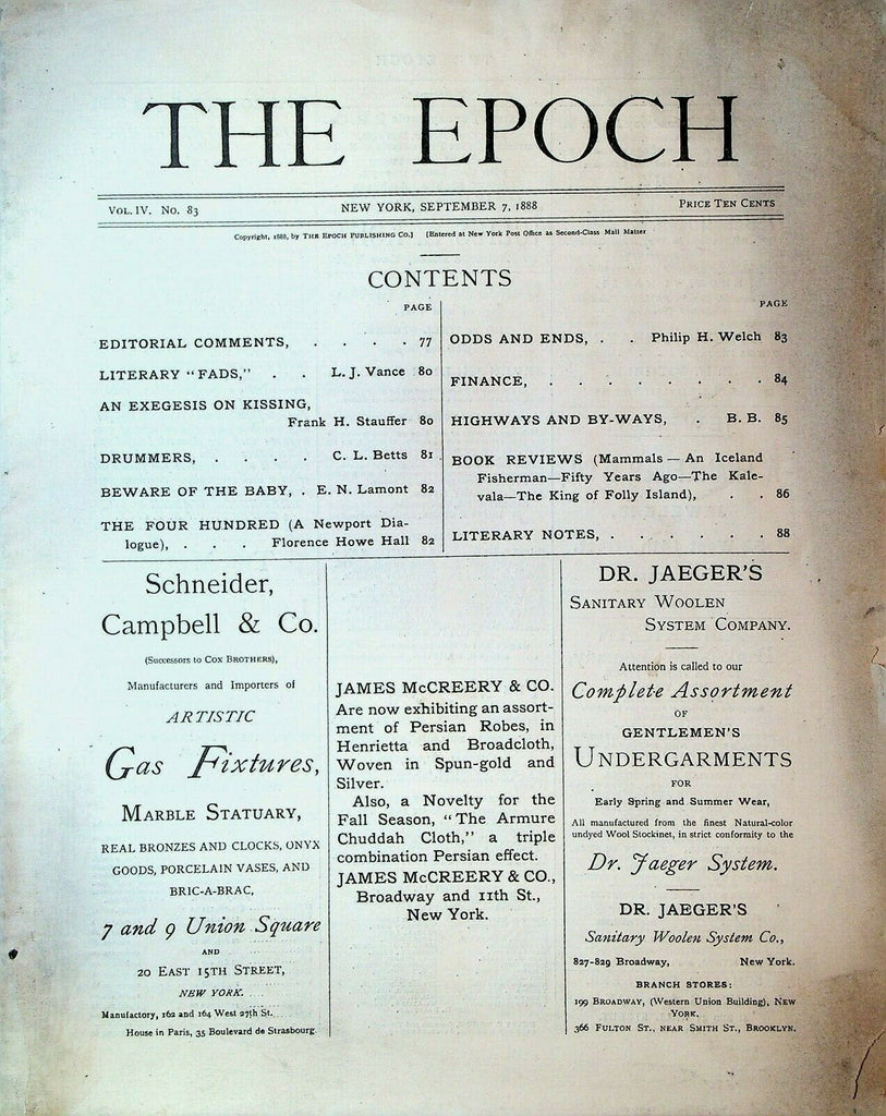 The Epoch September 7 1888 CL Betts LJ Vance Frank Stauffer EN Lamont