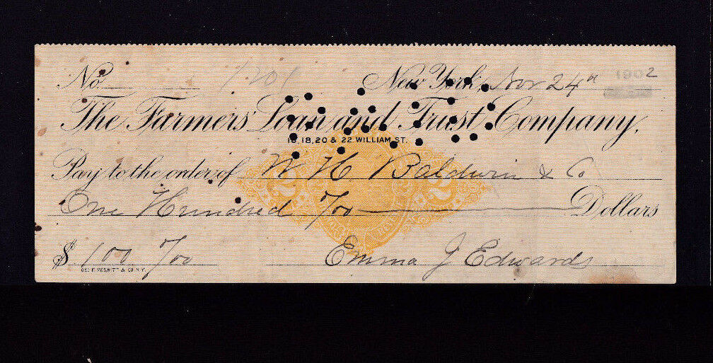 Farmers Loan & Trust Co Used Bank Check 1902 New York City