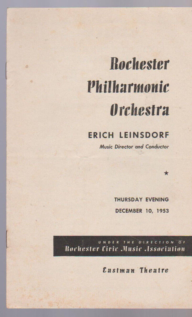 Rochester Philharmonic Orchestra December 10 1953 Program Erich Leinsdorf
