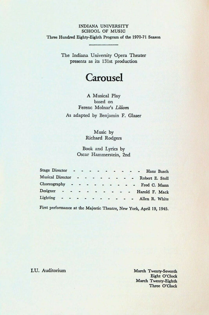Carousel 1971 Program Indiana University Opera Theater Rodgers & Hammerstein