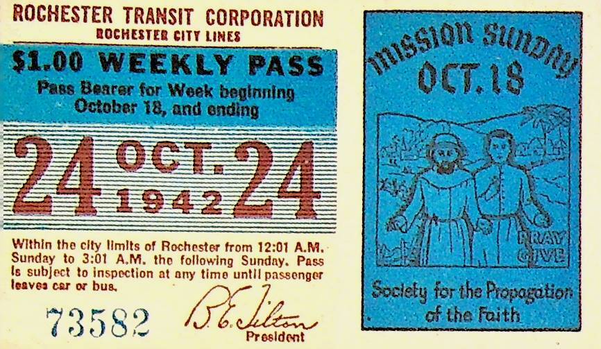 Rochester City Trolley & Bus Lines Pass October 24 1942 Mission Sunday