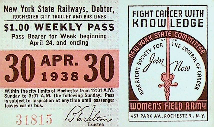 Rochester City Trolley & Bus Lines Pass April 30 1938 American Cancer Society