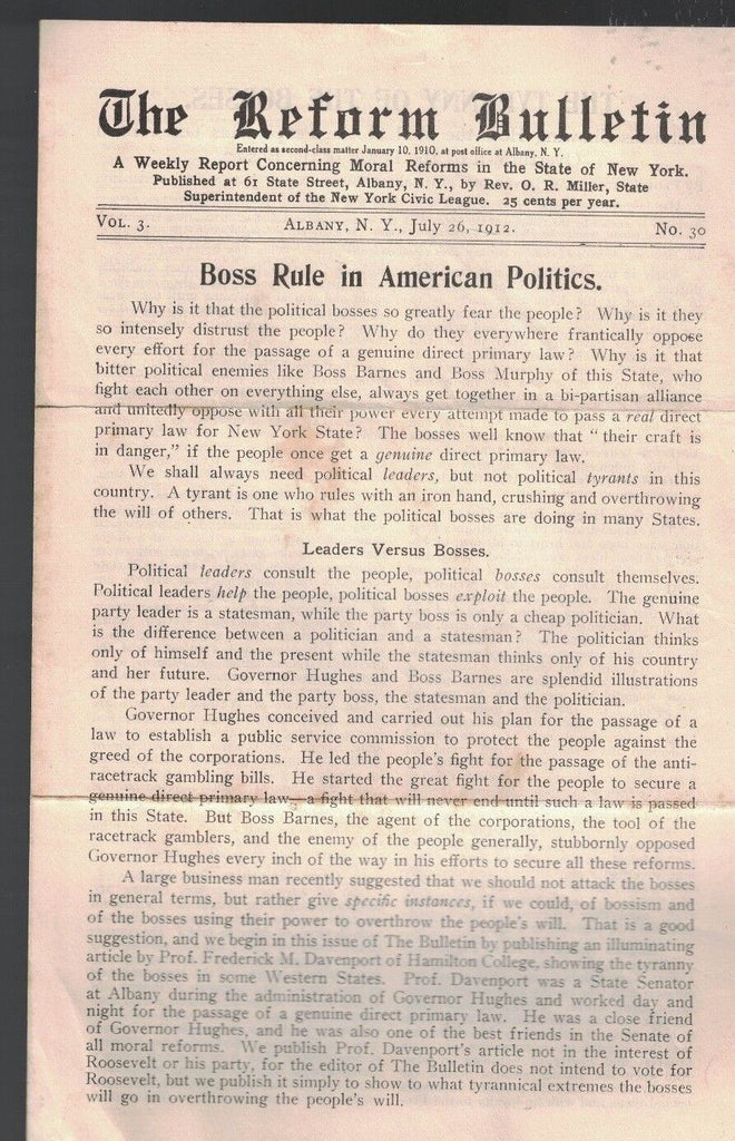 The Reform Bulletin July 26 1912 Boss Rule in American Politics New York State