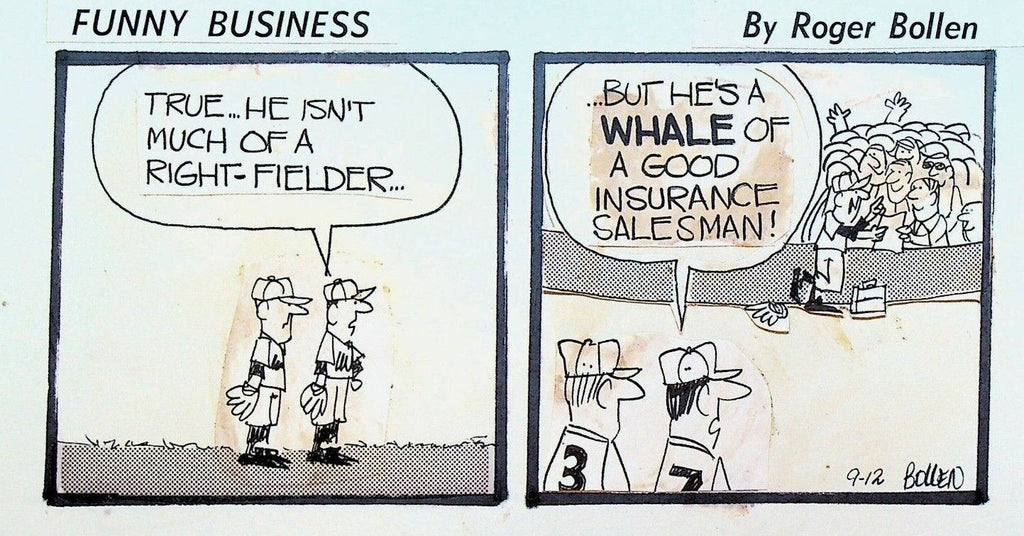 Funny Business Original Comic Strip Art Rog Bollen Baseball Insurance Salesman