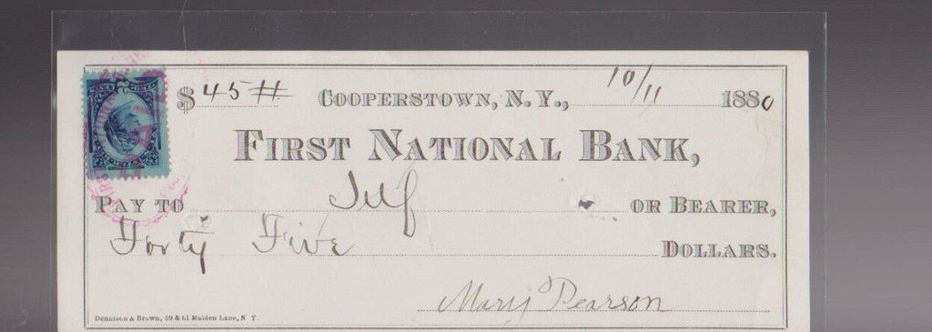 First National Bank of Cooperstown NY Used Bank Check 1880 Revenue Stamp