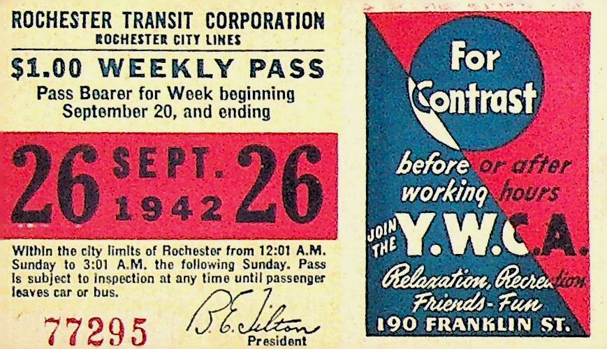 Rochester City Trolley & Bus Lines Pass September 26 1942 YWCA